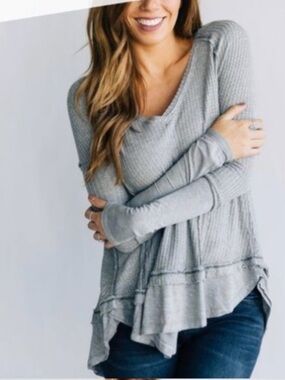 Free People•North Shore Thermal Tunic Storm Grey Oversized Waffle Knit NWT Small